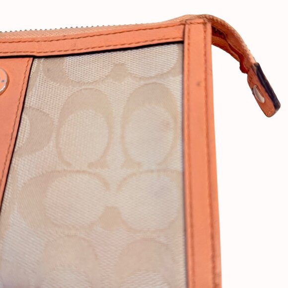 Coach Signature Canvas Leather Wristlet Wallet In Beige Peach Orange Read - Picture 13 of 16